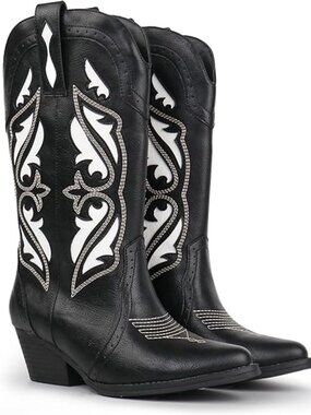 Women's Black Synthetic Rodeo Boots Pointed Toe Chunky Heel Classic Cowgirl Shoe